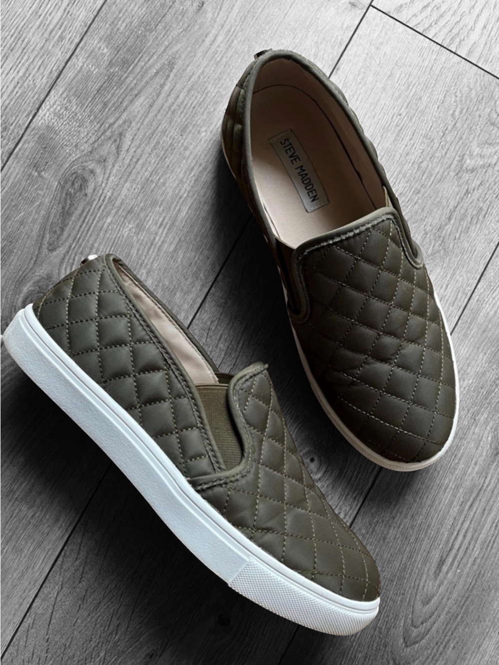 Steve Madden Quilted Slip-On Sneakers in Olive with White Rubber Sole Size 10